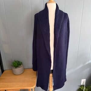 KaufmanFranco Womens M Duster Cardigan Navy Blue Chunky Knit Wool Blend Shawl